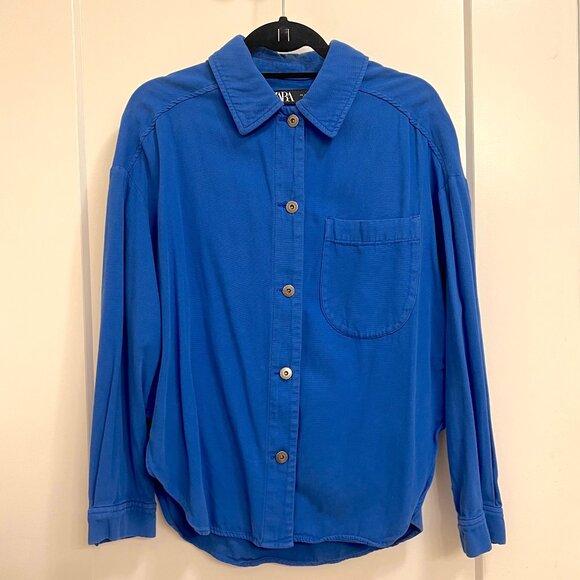 Zara Royal Blue Button-Down Shacket & Front Pocket - S - Picture 1 of 3